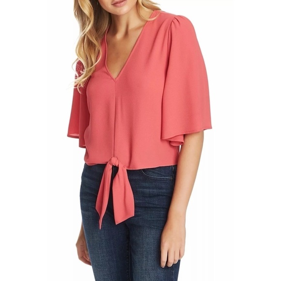 1.STATE Flounce Sleeve Tie Front V-Neck Blouse - Picture 1 of 9